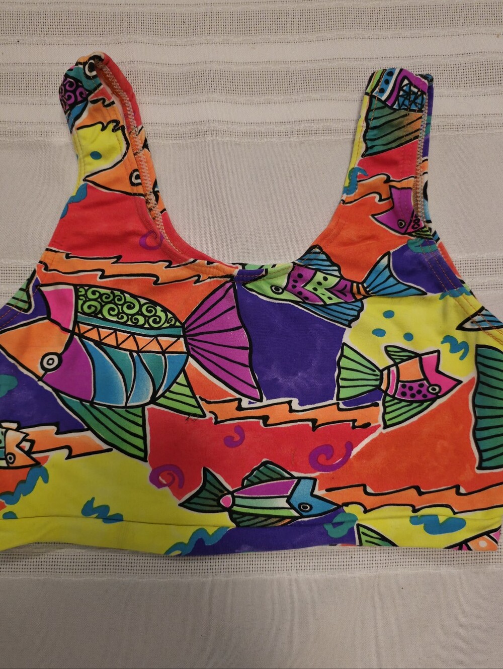 Retro Vibrant Neon Fish Print Sports Bra